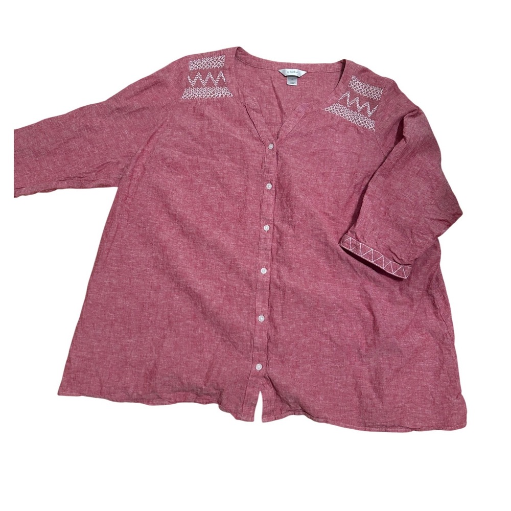 C‎ J Banks women's 3X linen blend embroidered button up red chambray pink 3/4